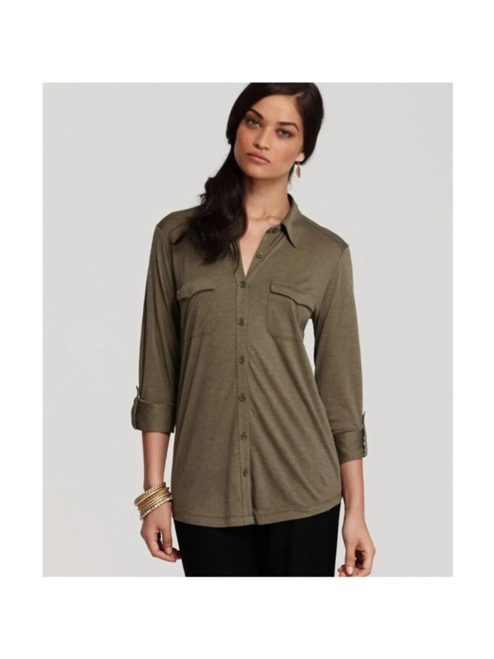 Eileen Fisher Silk Cotton Jersey Button Down Top Sz L Olive Green